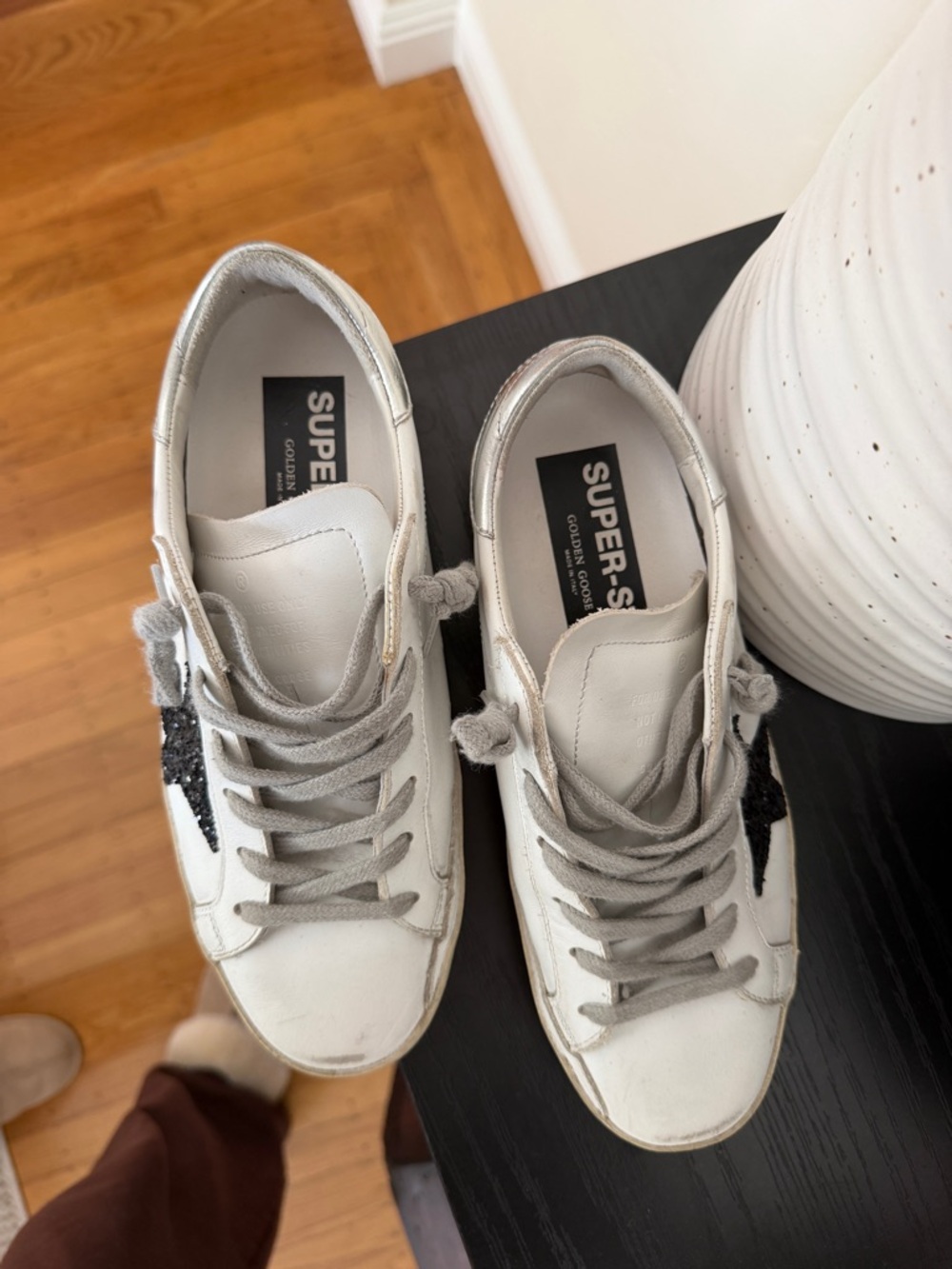 Golden Goose White Leather Sneakers with Black Glitter Star and Silver Heel - Picture 3 of 4
